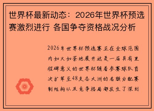 世界杯最新动态：2026年世界杯预选赛激烈进行 各国争夺资格战况分析