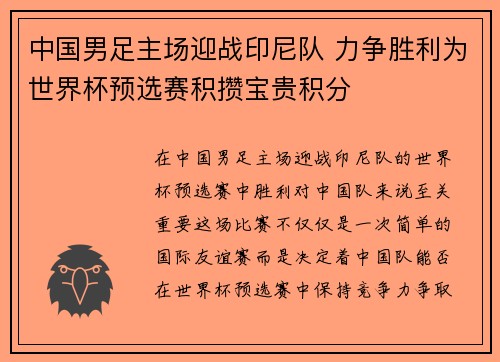 中国男足主场迎战印尼队 力争胜利为世界杯预选赛积攒宝贵积分 中国男足主场迎战印尼队 力争胜利为世界杯预选赛积攒宝贵积分