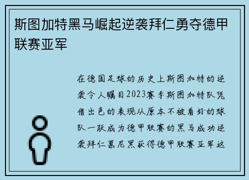 斯图加特黑马崛起逆袭拜仁勇夺德甲联赛亚军